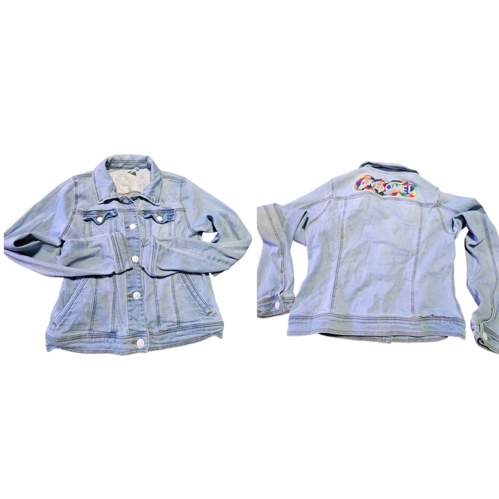 Cat & Jack Jean Jacket Rainbow AWESOME Embroidered on back Blue Size XL (14/16)